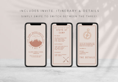 Fully editable bachelorette mobile invitation with a pine cabin design. Perfect for a cabin adventure Bachelorette themed party