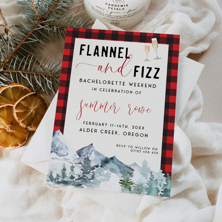 Fully editable and printable bachelorette invitation with a flannel design. Perfect for a woodland flannel Bachelorette themed party