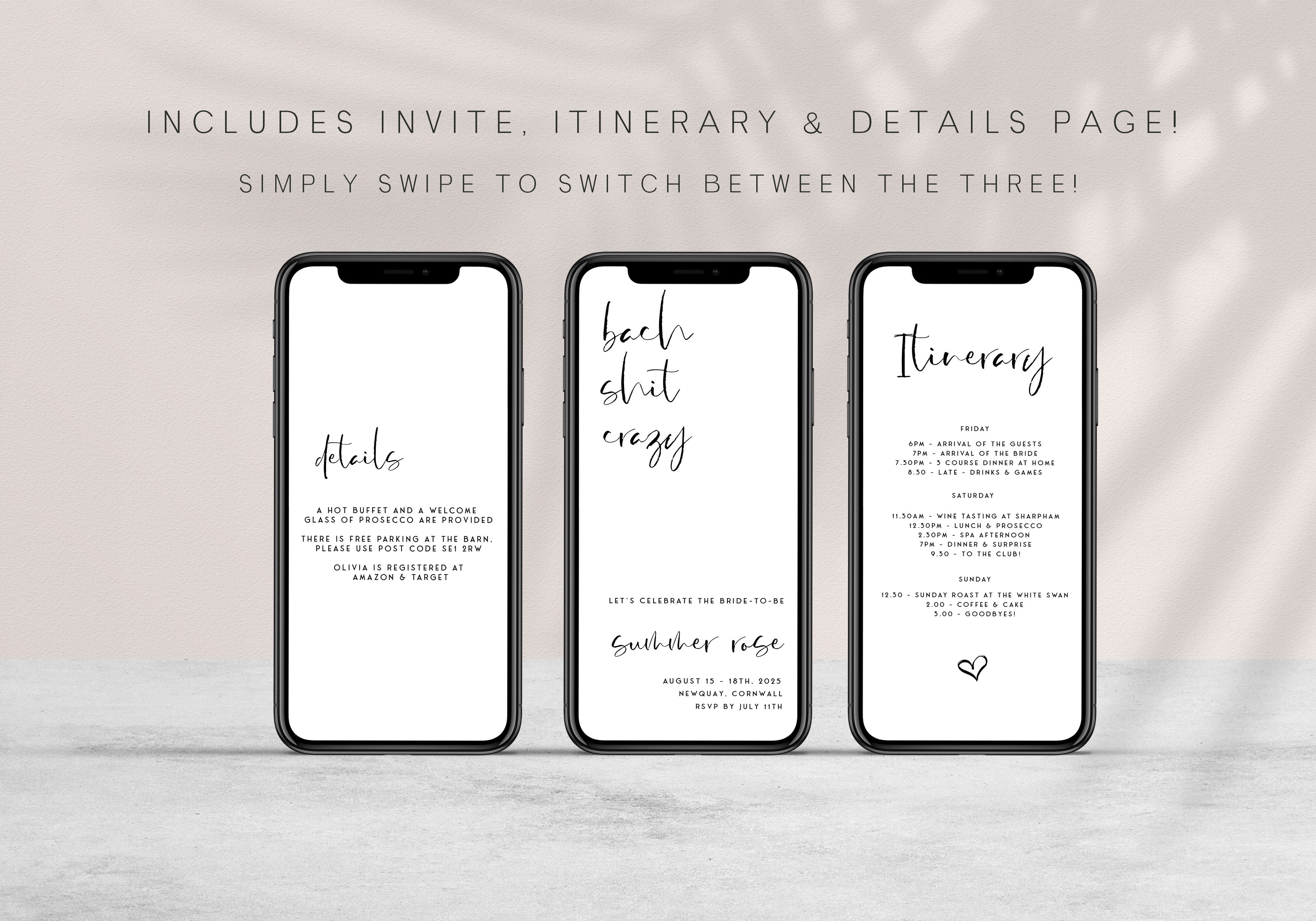 Fully editable bach shit crazy mobile invitation with a modern minimalist design. Perfect for a modern simple bridal shower themed party