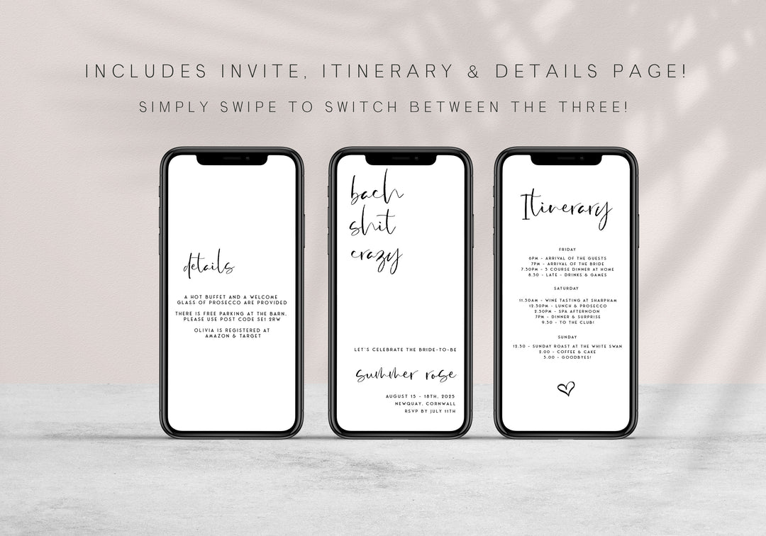 Fully editable bach shit crazy mobile invitation with a modern minimalist design. Perfect for a modern simple bridal shower themed party