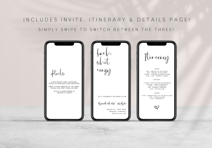 Fully editable bach shit crazy mobile invitation with a modern minimalist design. Perfect for a modern simple bridal shower themed party