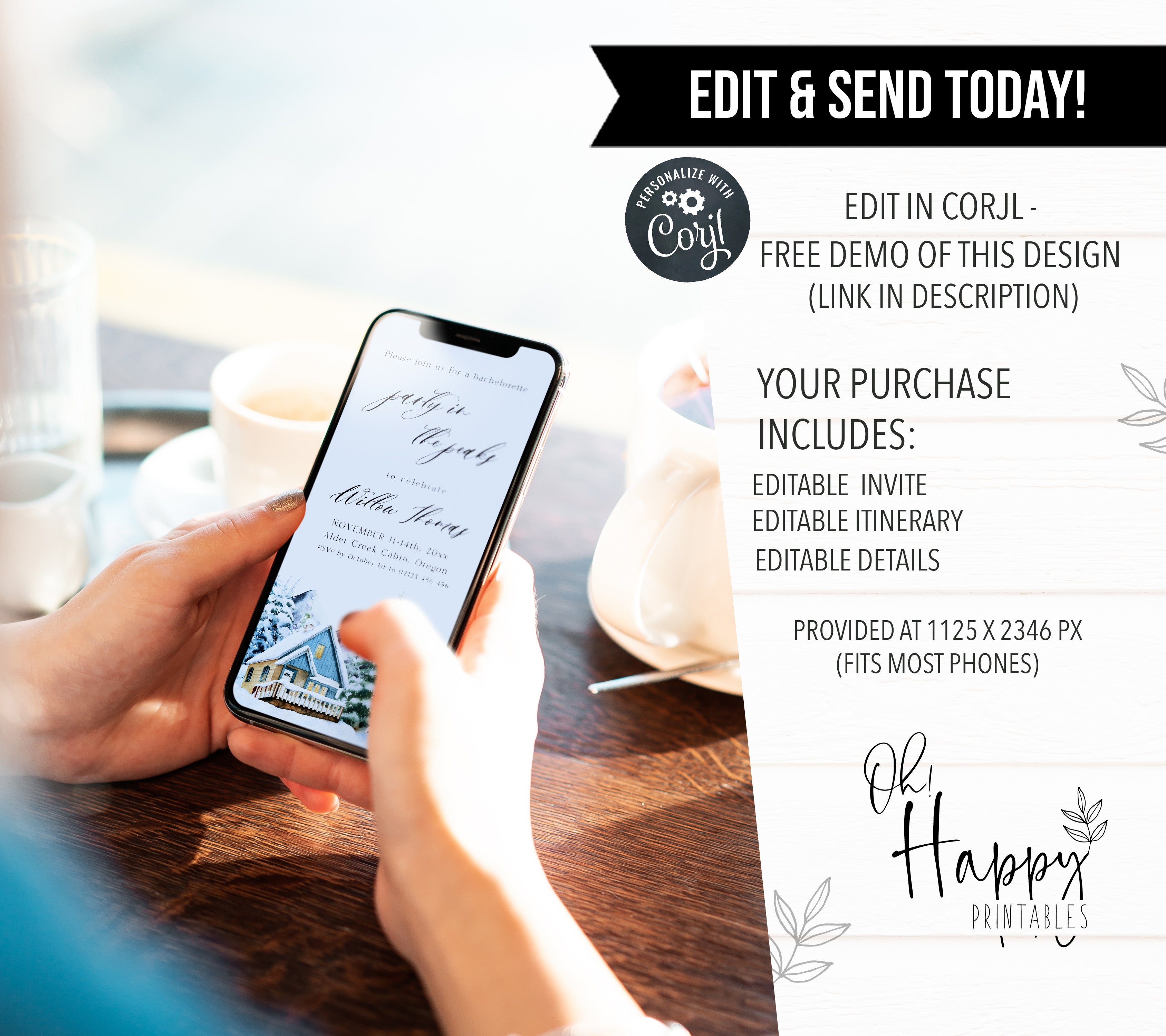 Fully editable mountain cabin mobile invitation with a mountain design. Perfect for a snowy cabin mountain bachelorette party