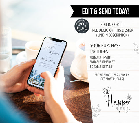 Fully editable mountain cabin mobile invitation with a mountain design. Perfect for a snowy cabin mountain bachelorette party