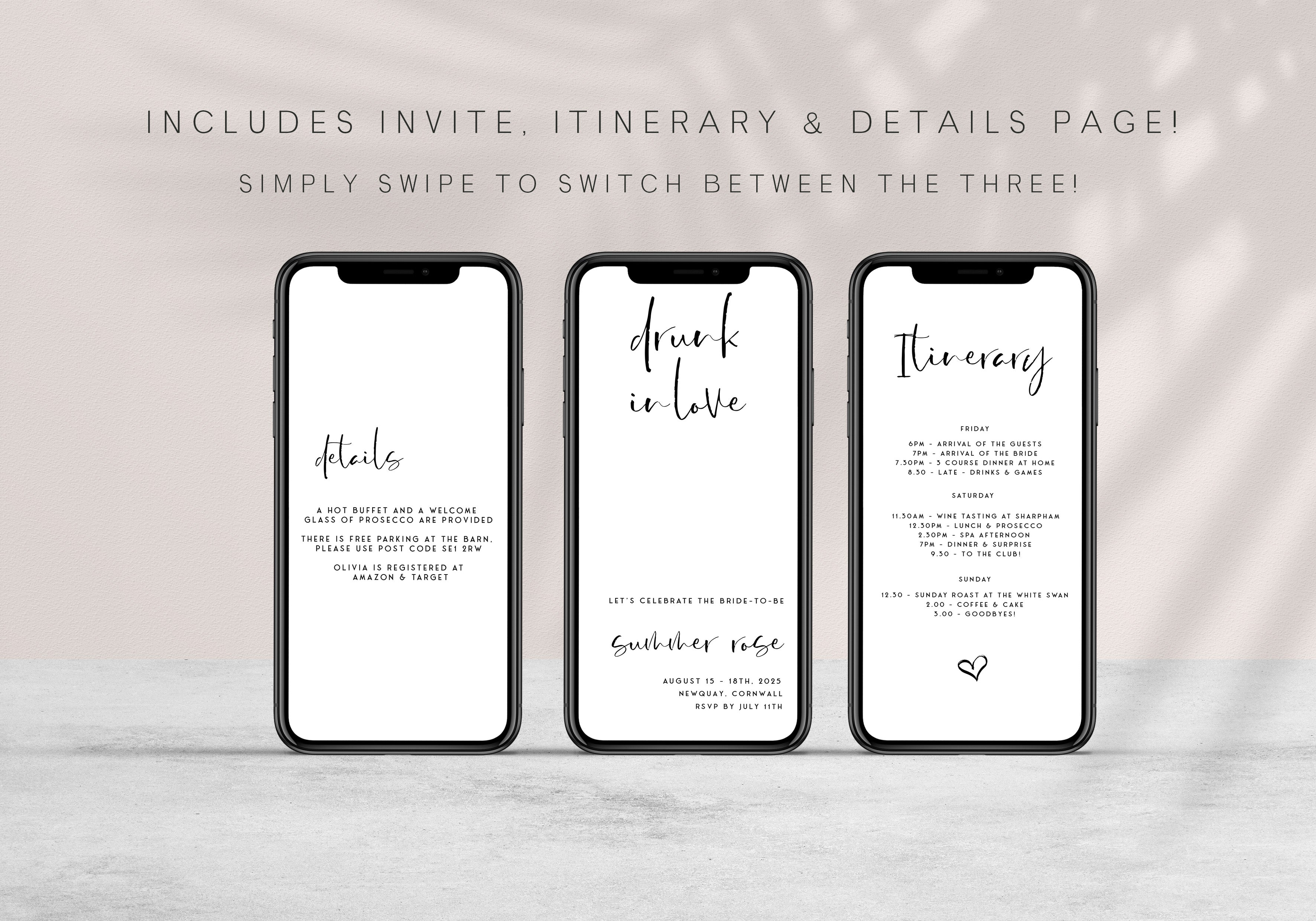 Fully editable Drunk In Love mobile invitation with a modern minimalist design. Perfect for a modern simple bridal shower themed party