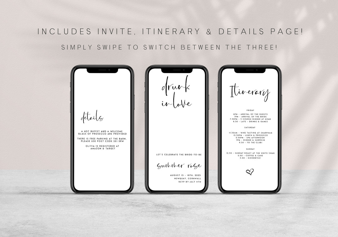 Fully editable Drunk In Love mobile invitation with a modern minimalist design. Perfect for a modern simple bridal shower themed party