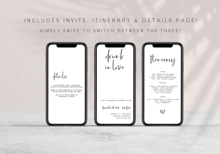 Fully editable Drunk In Love mobile invitation with a modern minimalist design. Perfect for a modern simple bridal shower themed party