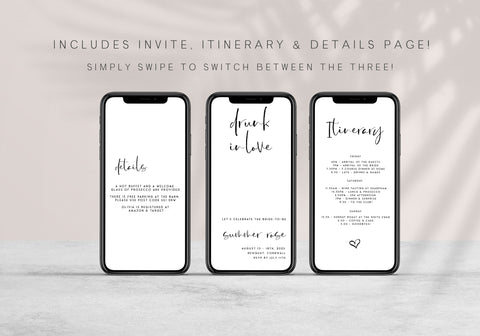 Fully editable Drunk In Love mobile invitation with a modern minimalist design. Perfect for a modern simple bridal shower themed party