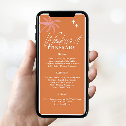 Fully editable and printable hen party mobile weekend invitation with a Palm Springs design. Perfect for a Palm Springs bridal shower themed party