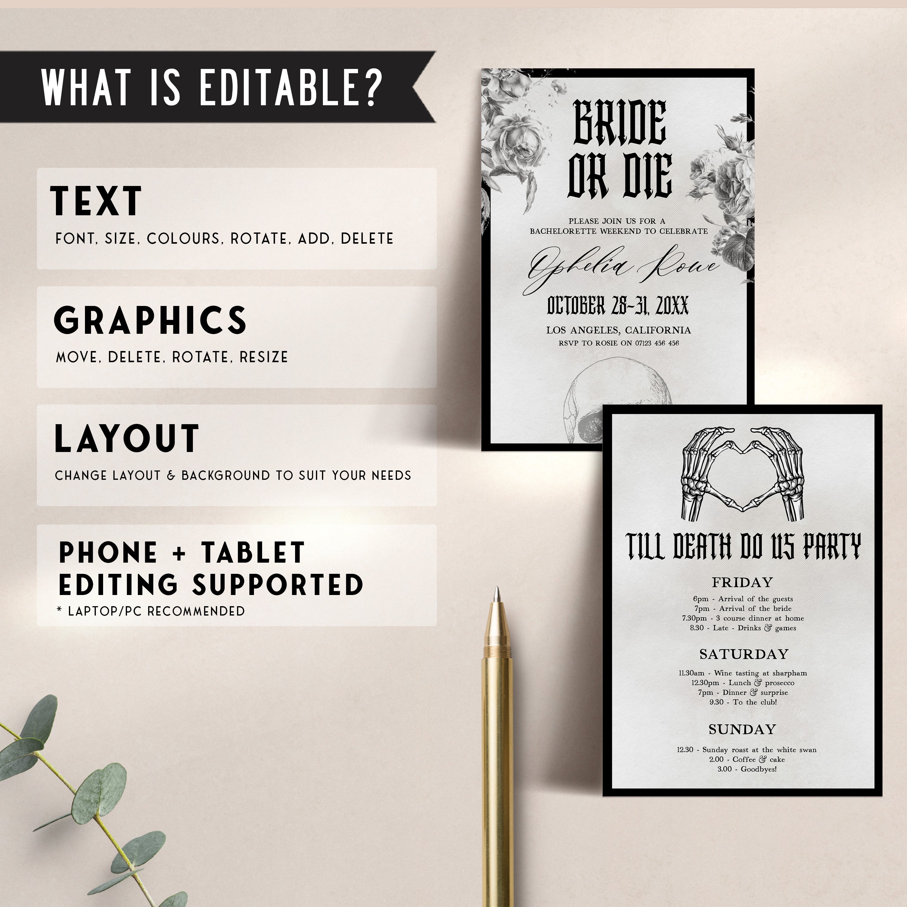 EDITABLE Bridal & Bachelorette Invitation - Bride or Die Theme