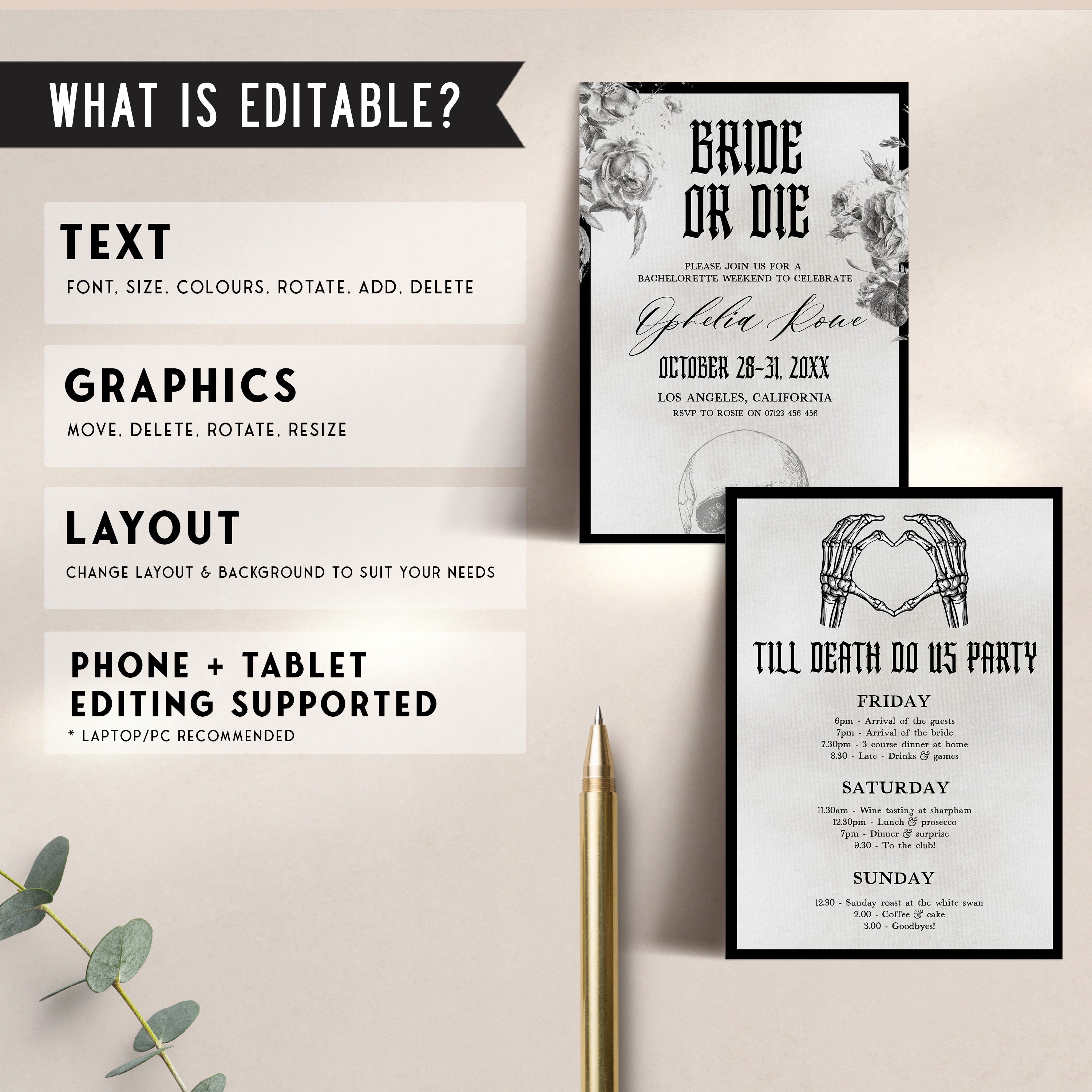 Fully editable and printable bridal shower and bachelorette invitation with a gothic design. Perfect for a Bride or Die or Death Us To Party bridal shower themed party