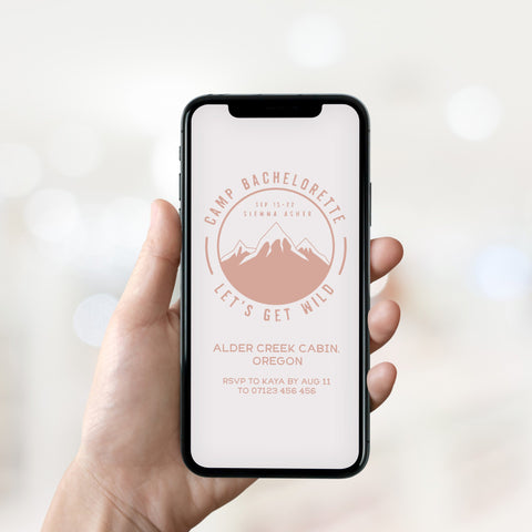 Fully editable bachelorette mobile invitation with a pine cabin design. Perfect for a cabin adventure Bachelorette themed party