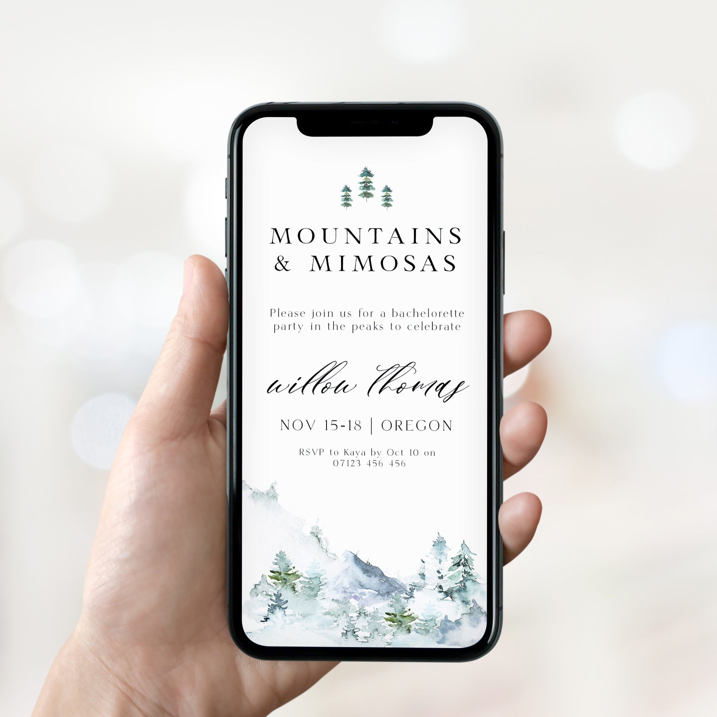 Fully editable mountain cabin mobile invitation with a mountain design. Perfect for a snowy cabin mountain bachelorette party