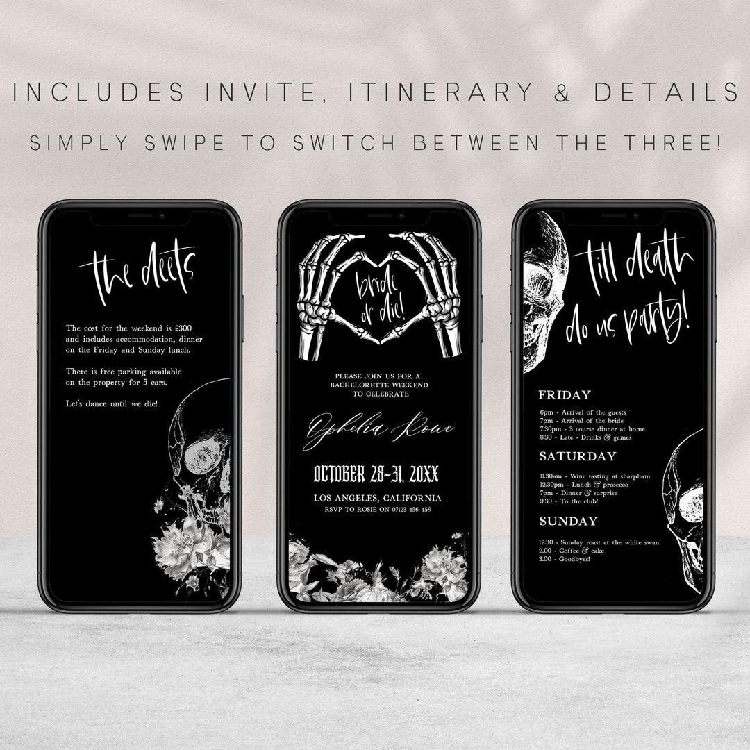 Fully editable bridal and bachelorette mobile invitation with a gothic design. Perfect for a Bride or Die or Death Us To Party bridal shower themed party