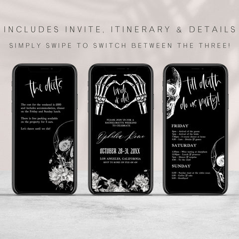 Fully editable bridal and bachelorette mobile invitation with a gothic design. Perfect for a Bride or Die or Death Us To Party bridal shower themed party