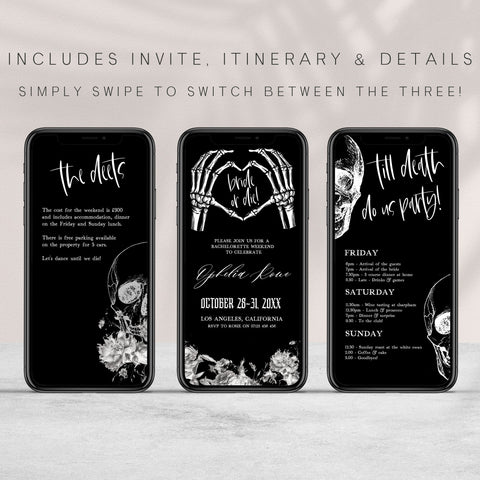 Fully editable bridal and bachelorette mobile invitation with a gothic design. Perfect for a Bride or Die or Death Us To Party bridal shower themed party