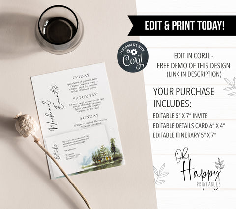 Fully editable and printable mountain cabin invitation with a mountain design. Perfect for a snowy cabin mountain bridal shower