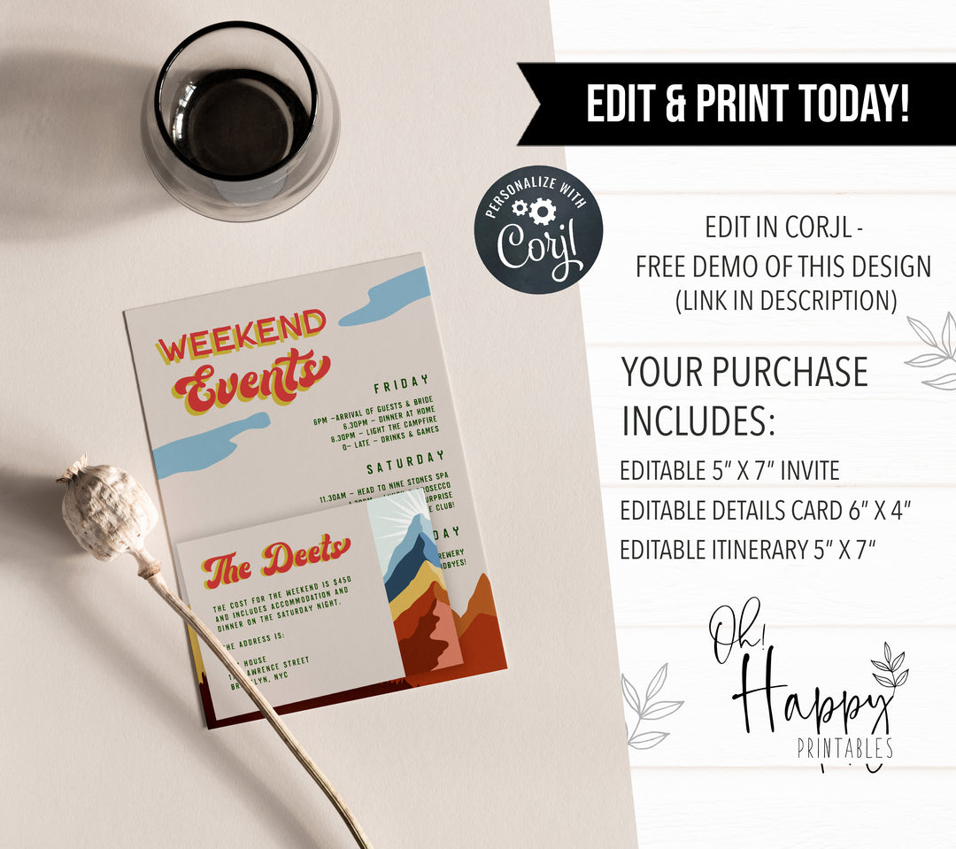 Fully editable and printable retro bachelorette invitation with a pine cabin design. Perfect for a cabin adventure Bachelorette themed party