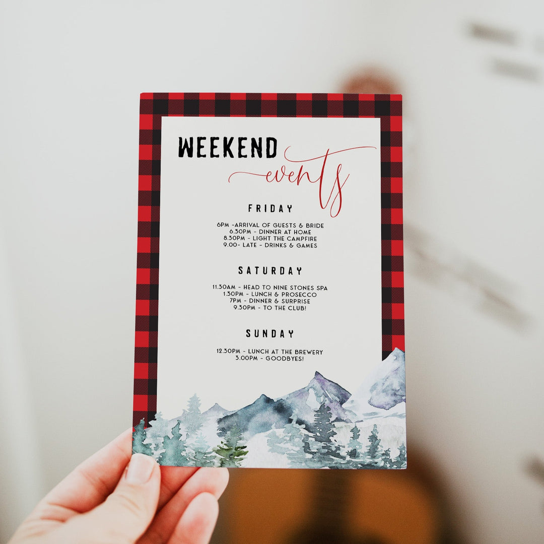 Fully editable and printable bachelorette invitation with a flannel design. Perfect for a woodland flannel Bachelorette themed party