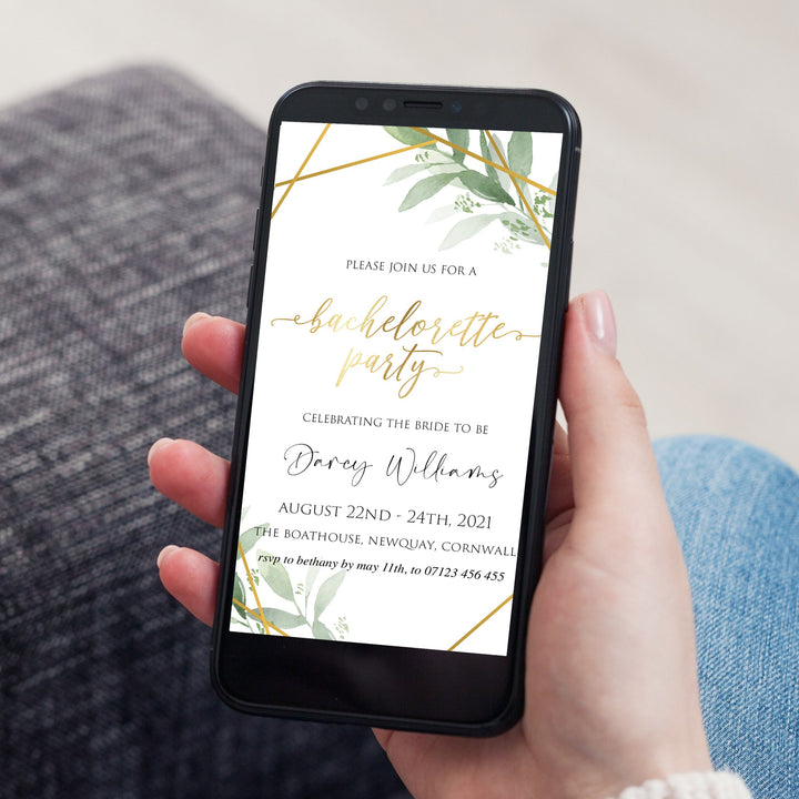editable bridal shower invitations, printable bachelorette invitations, gold greenery bridal shower invites, greenery bridal shower ideas