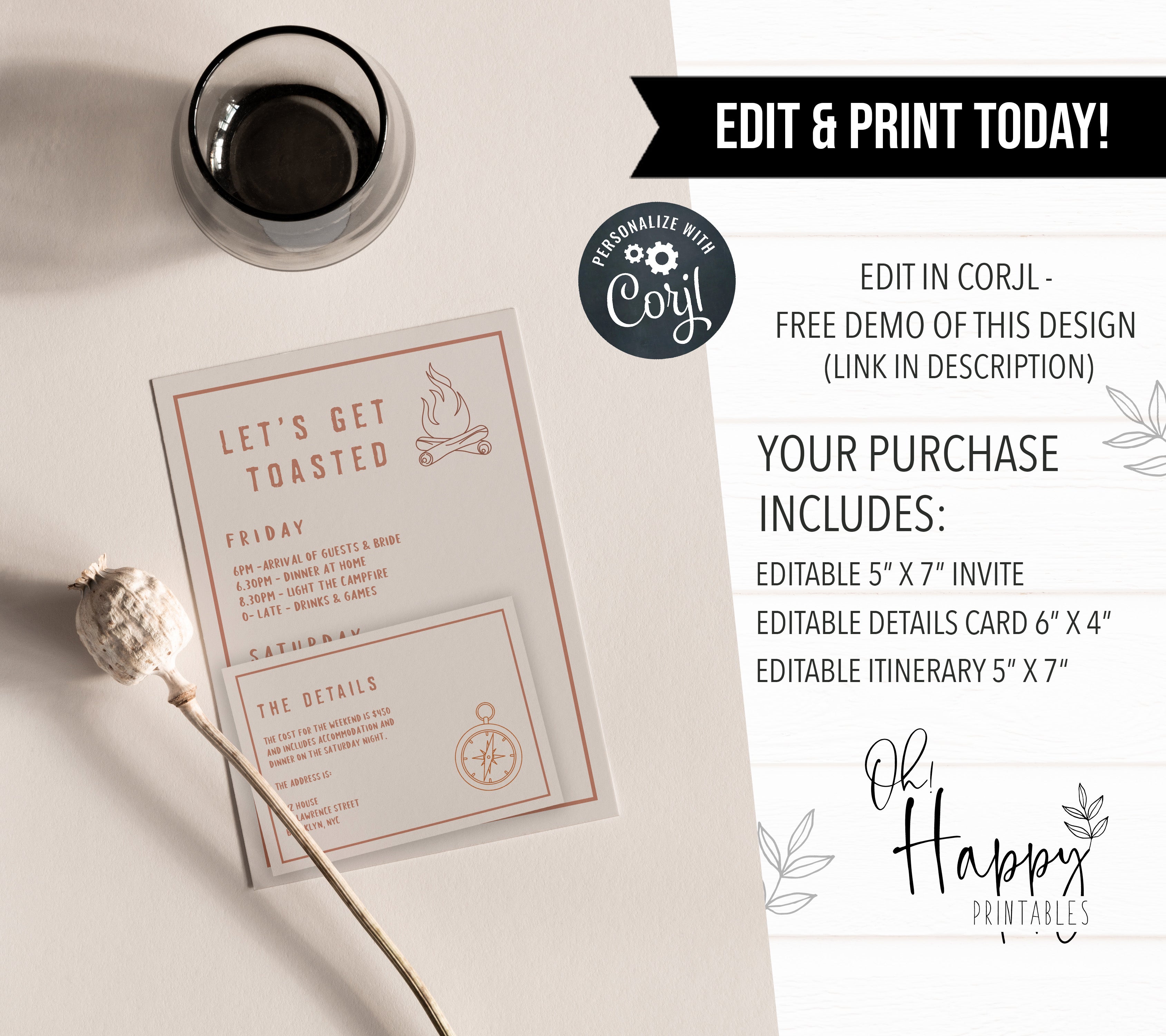 Fully editable and printable bachelorette invitations with a pine cabin design. Perfect for a cabin adventure Bachelorette themed party