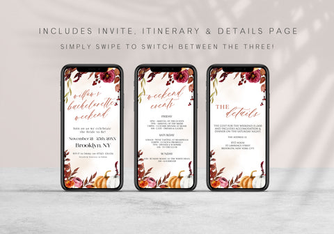 Fully editable bachelorette weekend mobile invitation with a Fall design. Perfect for a fall floral bridal shower