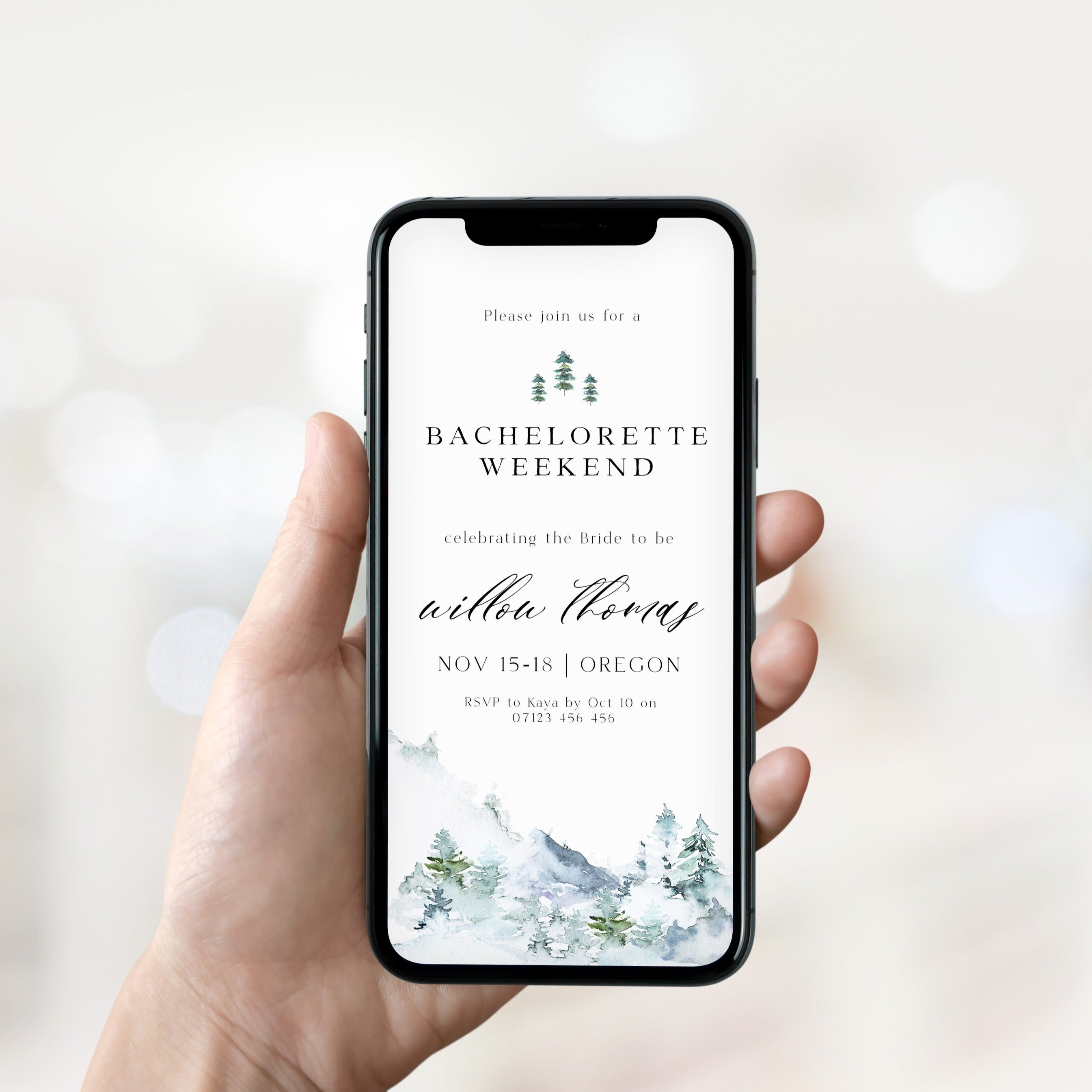 Fully editable mountain cabin mobile invitation with a mountain design. Perfect for a snowy cabin mountain bachelorette party