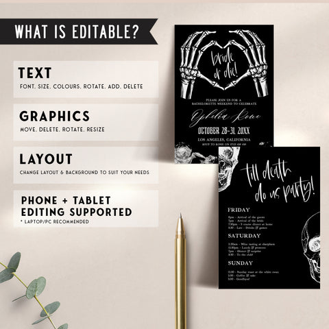 Fully editable and printable bridal and bachelorette invitation with a gothic design. Perfect for a Bride or Die or Death Us To Party bridal shower themed party