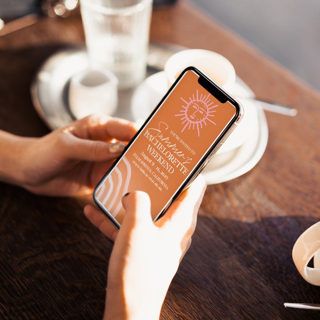 Fully editable and printable bachelorette weekend mobile invitation with a Palm Springs design. Perfect for a Palm Springs bridal shower themed party