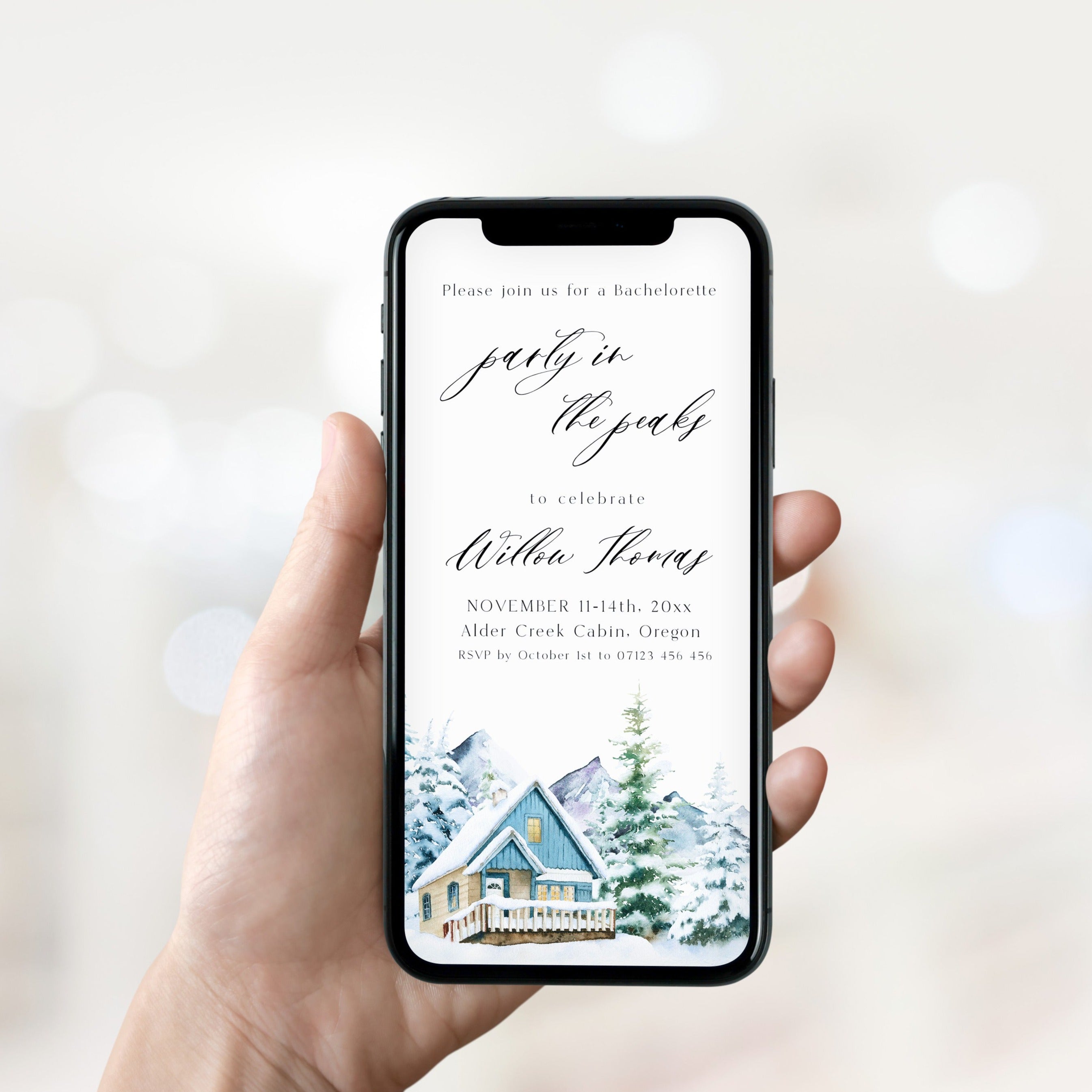 Fully editable mountain cabin mobile invitation with a mountain design. Perfect for a snowy cabin mountain bachelorette party
