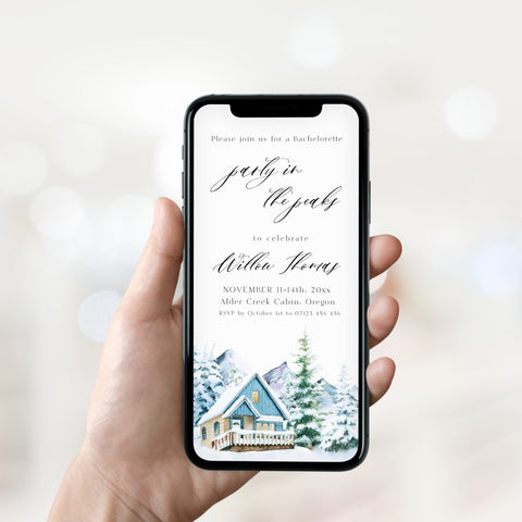 Fully editable mountain cabin mobile invitation with a mountain design. Perfect for a snowy cabin mountain bachelorette party