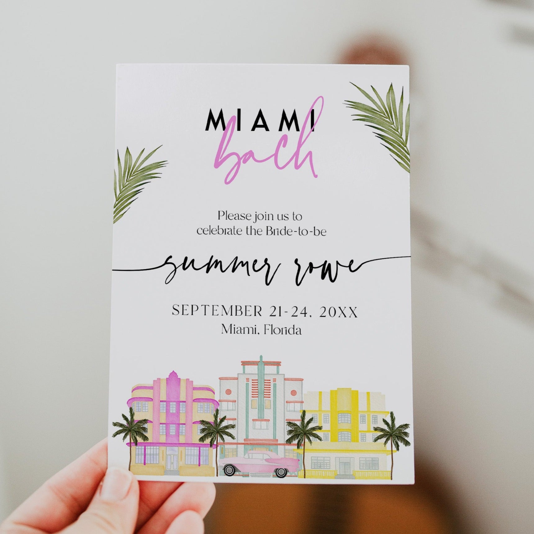Fully editable and printable bachelorette weekend invitation with a miami design. Perfect for a miami, Bachelorette themed party