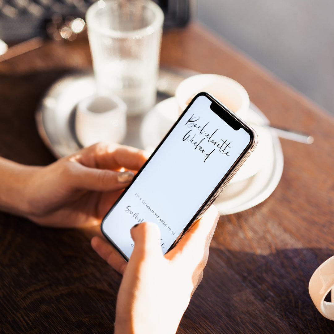 Fully editable bachelorette weekend mobile invitation with a modern minimalist design. Perfect for a modern simple bridal shower themed party