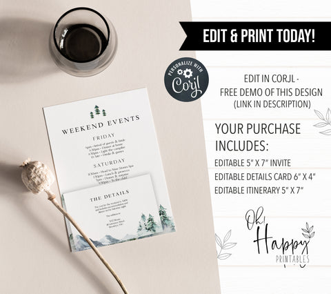 Fully editable and printable wine and pines invitation with a mountain design. Perfect for a snowy cabin mountain bridal shower