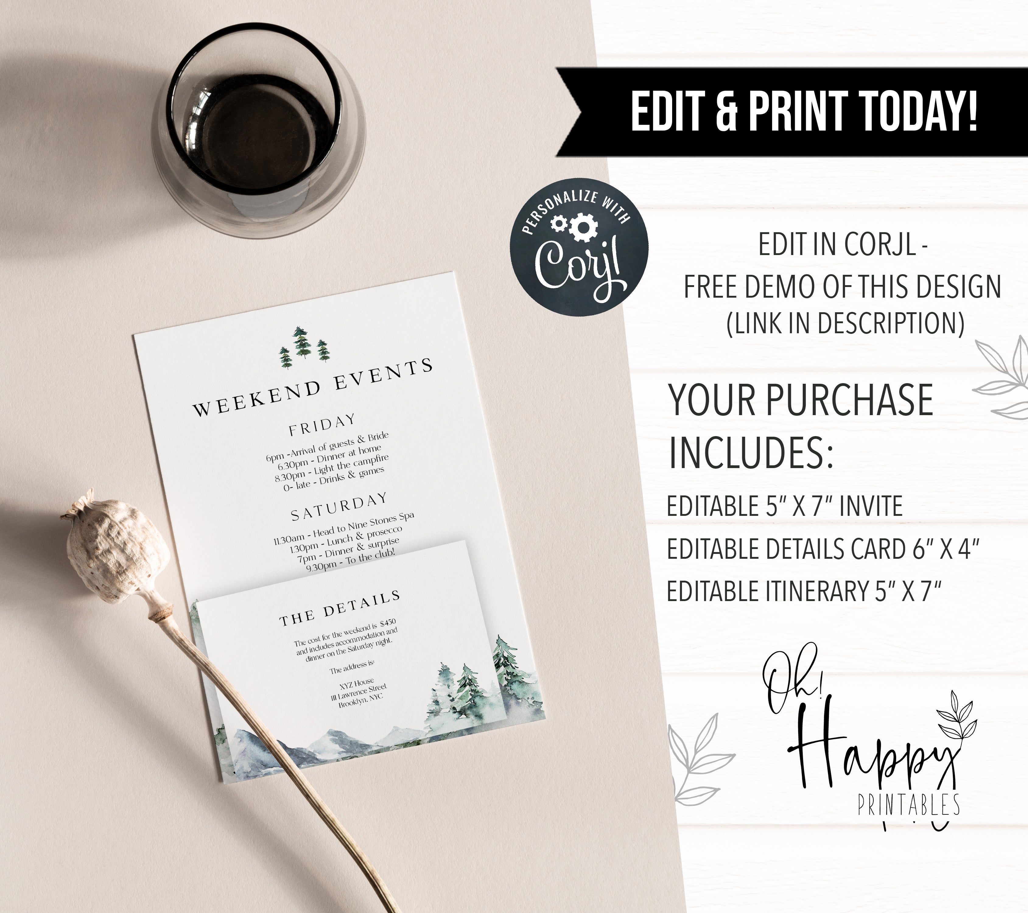 Fully editable and printable mountains & mimosa invitation with a mountain design. Perfect for a snowy cabin mountain bridal shower