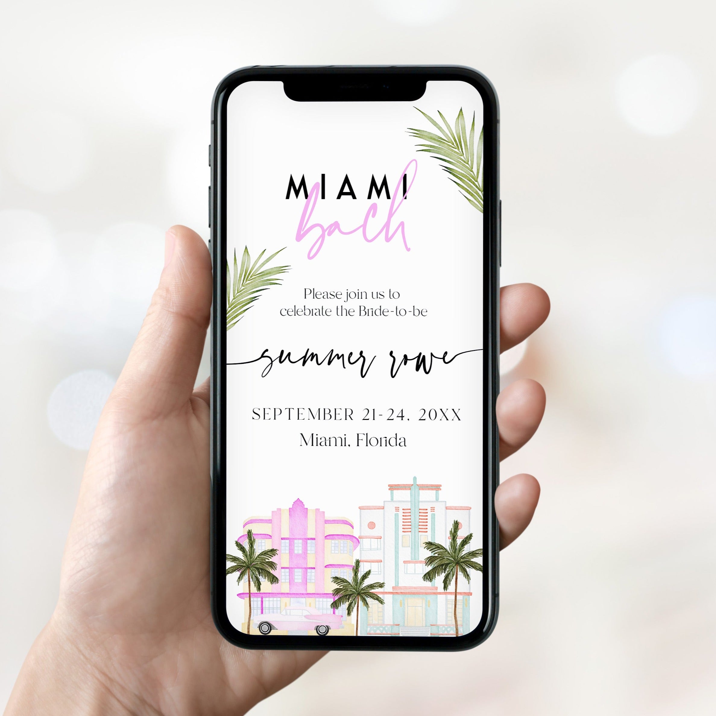 Fully editable and printable mobile bachelorette invitation with a miami design. Perfect for a miami, Bachelorette themed party