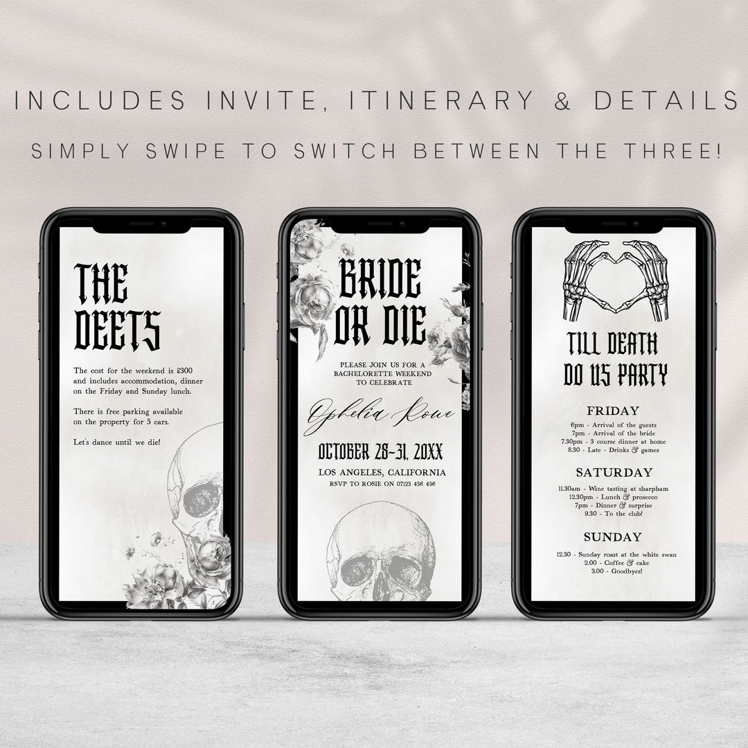 Fully editable and printable bridal and bachelorette invitation with a gothic design. Perfect for a Bride or Die or Death Us To Party bridal shower themed party