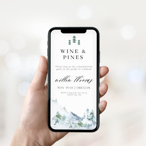Fully editable mountain cabin mobile invitation with a mountain design. Perfect for a snowy cabin mountain bachelorette party