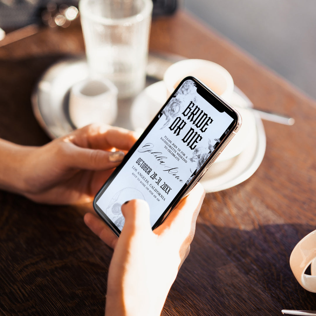 Fully editable and printable bridal and bachelorette invitation with a gothic design. Perfect for a Bride or Die or Death Us To Party bridal shower themed party