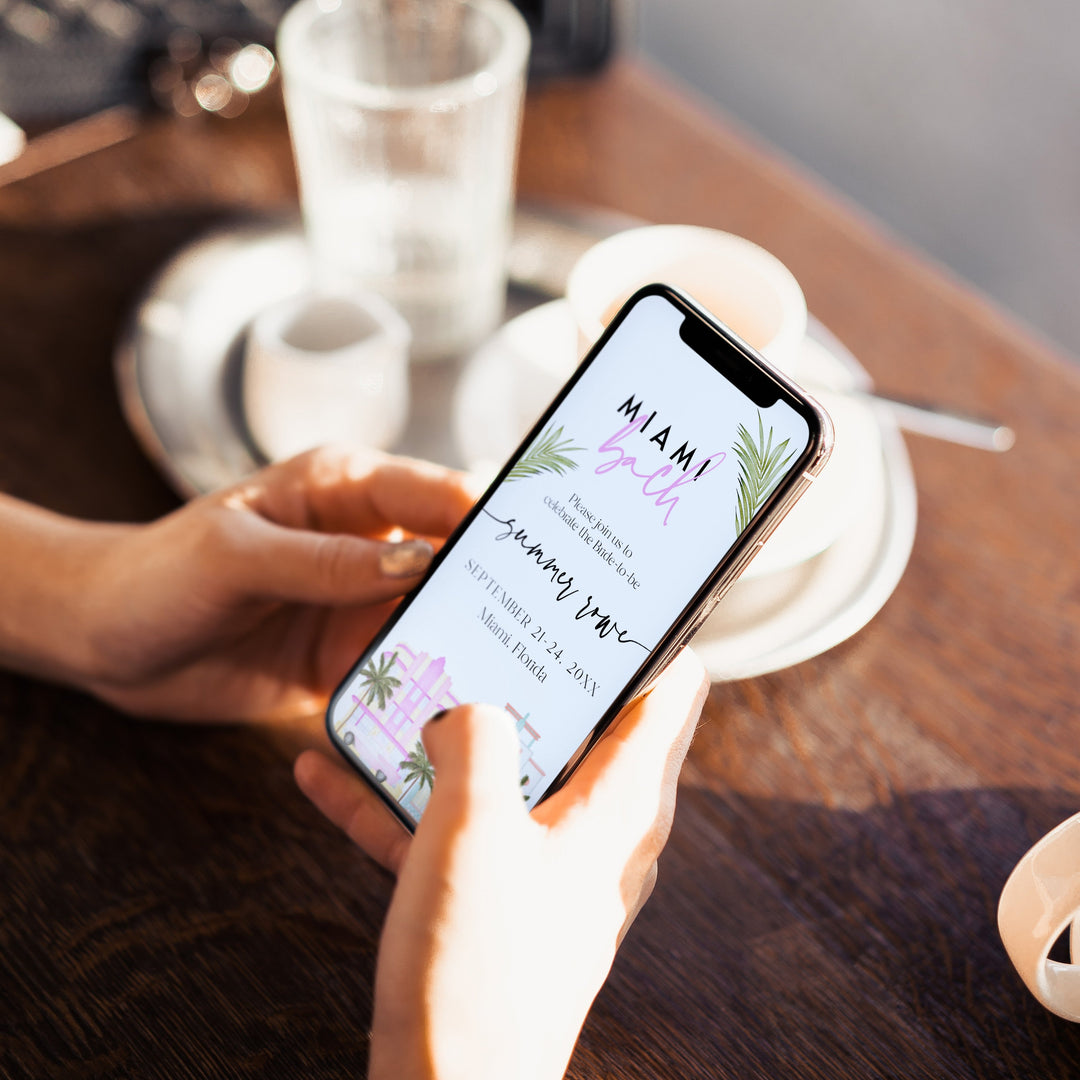Fully editable and printable mobile bachelorette invitation with a miami design. Perfect for a miami, Bachelorette themed party