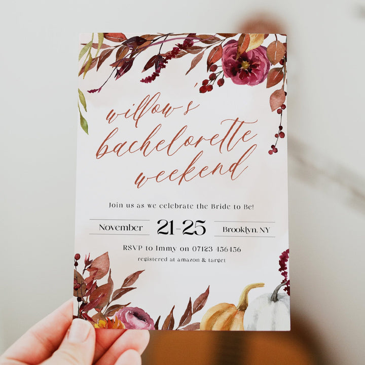 Fully editable and printable bachelorette weekend invitation with a Fall design. Perfect for a fall floral bridal shower