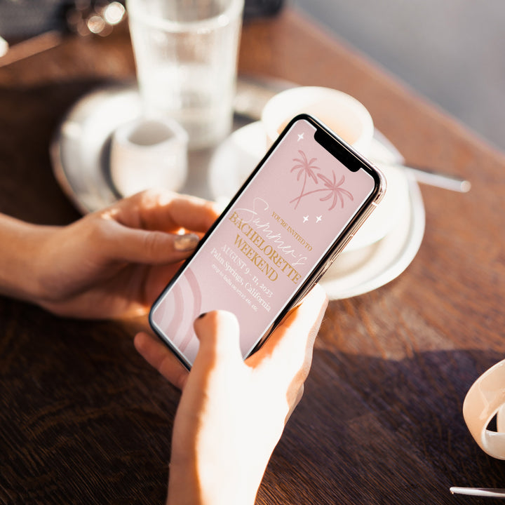 Fully editable and printable bachelorette weekend mobile invitation with a Palm Springs design. Perfect for a Palm Springs bridal shower themed party