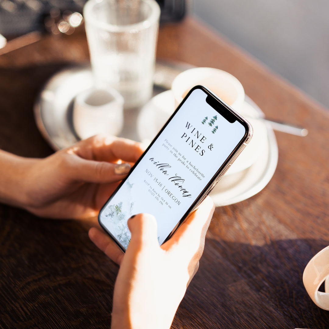 Fully editable mountain cabin mobile invitation with a mountain design. Perfect for a snowy cabin mountain bachelorette party