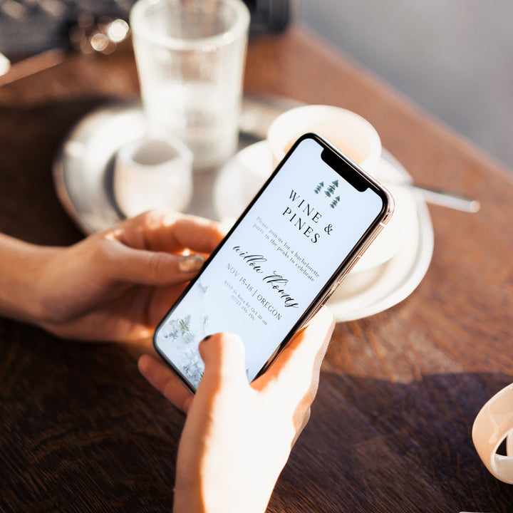 Fully editable mountain cabin mobile invitation with a mountain design. Perfect for a snowy cabin mountain bachelorette party