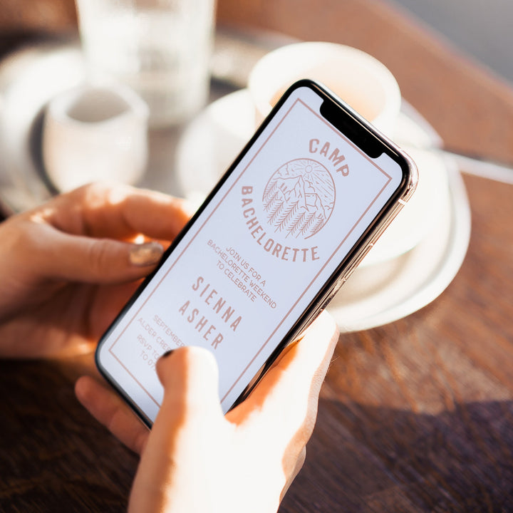 Fully editable bachelorette mobile invitation with a pine cabin design. Perfect for a cabin adventure Bachelorette themed party