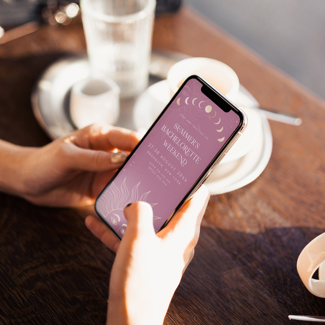 Fully editable and printable bachelorette mobile invitation with a celestial design. Perfect for a celestial bridal shower themed party