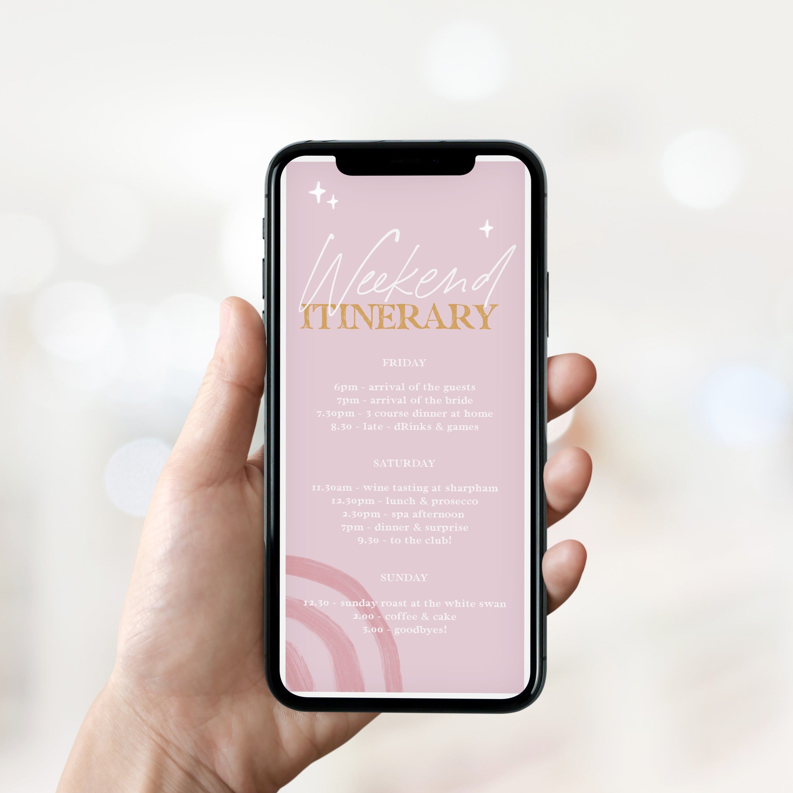 Fully editable and printable hen party weekend mobile invitation with a Palm Springs design. Perfect for a Palm Springs bridal shower themed party