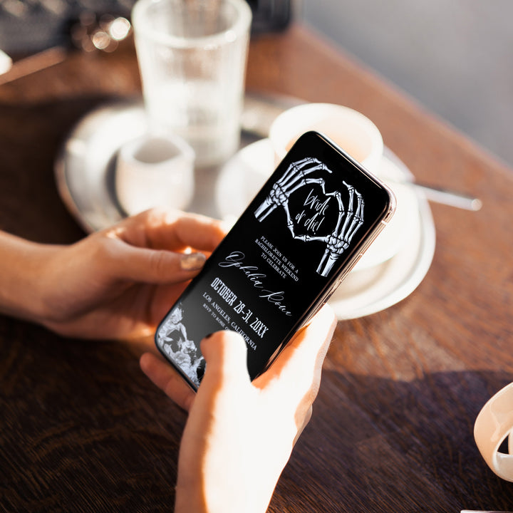 Fully editable bridal and bachelorette mobile invitation with a gothic design. Perfect for a Bride or Die or Death Us To Party bridal shower themed party