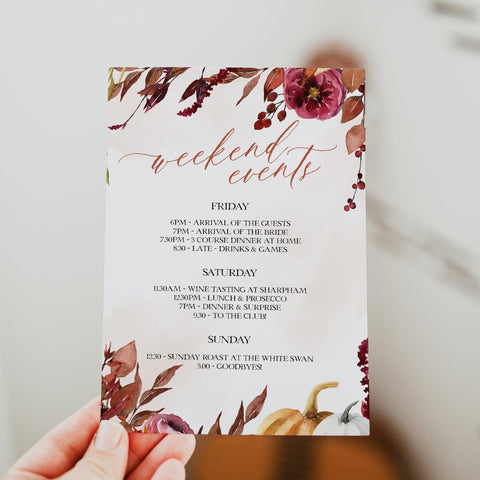 Fully editable and printable bachelorette weekend invitation with a Fall design. Perfect for a fall floral bridal shower