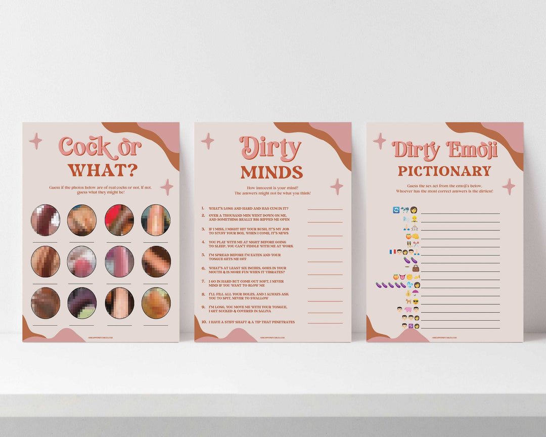 cock or what, dirty emoji pictionary, bachelorette party games, printable hen party games, bachelorette party ideas, 70s retro bridal shower, modern retro bachelorette games