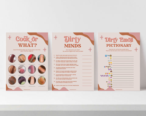 cock or what, dirty emoji pictionary, bachelorette party games, printable hen party games, bachelorette party ideas, 70s retro bridal shower, modern retro bachelorette games